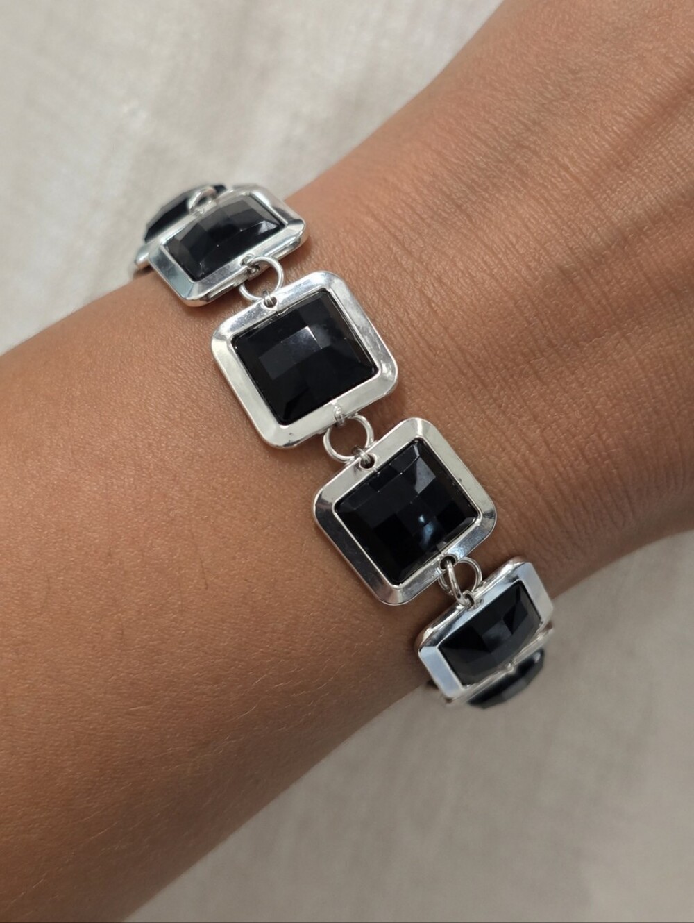Elegant Square Panel Silver Link Bracelet Modern Black Faceted Faux Crystals
